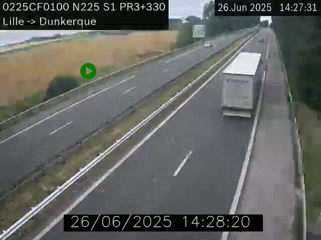 Webcam autoroute A25 (N225) à hauteur de Bergues (Bierne). Vue orientée vers Dunkerque.