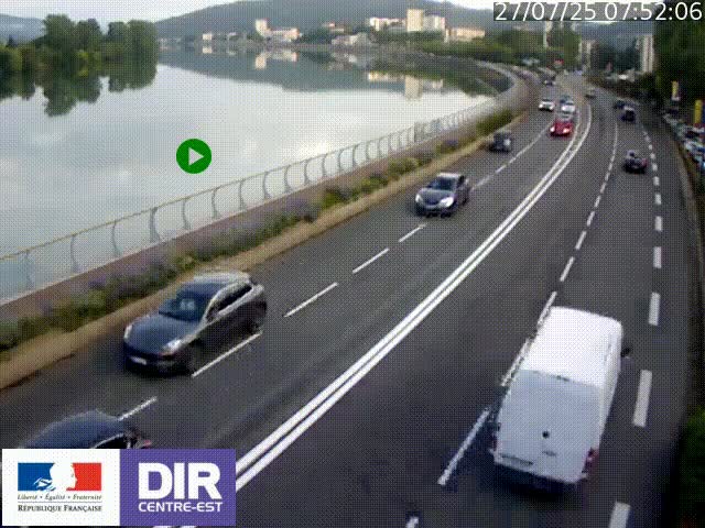 Webcam sur le quai Parjot à Vienne, aux Portes de Lyon, sur la Nationale 7, à la jonction avec le boulevard du Rhône-nord (D1407), caméra orientée vers Lyon