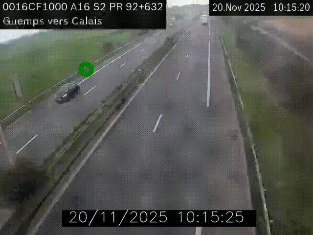 Webcam A16 juste après l'aire de repos d'Offekerque à Guemps. Vue orientée vers Calais