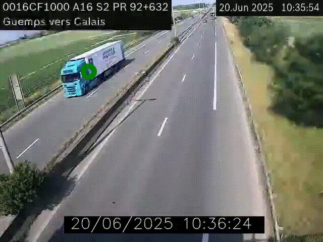 Webcam A16 juste après l'aire de repos d'Offekerque à Guemps. Vue orientée vers Calais