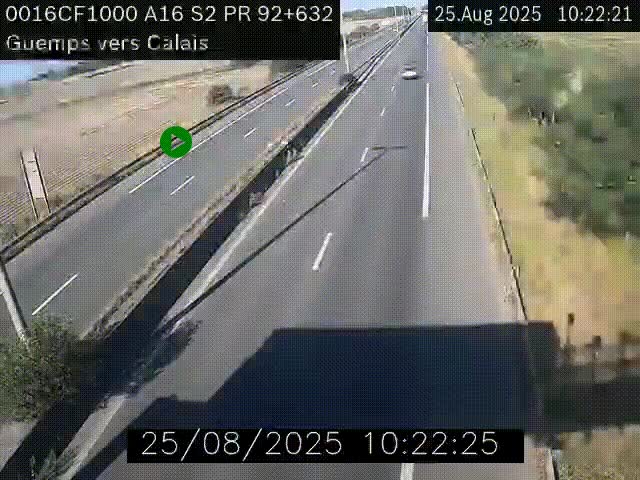 Webcam A16 juste après l'aire de repos d'Offekerque à Guemps. Vue orientée vers Calais