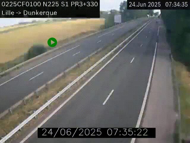 Webcam autoroute A25 (N225) à hauteur de Bergues (Bierne). Vue orientée vers Dunkerque.