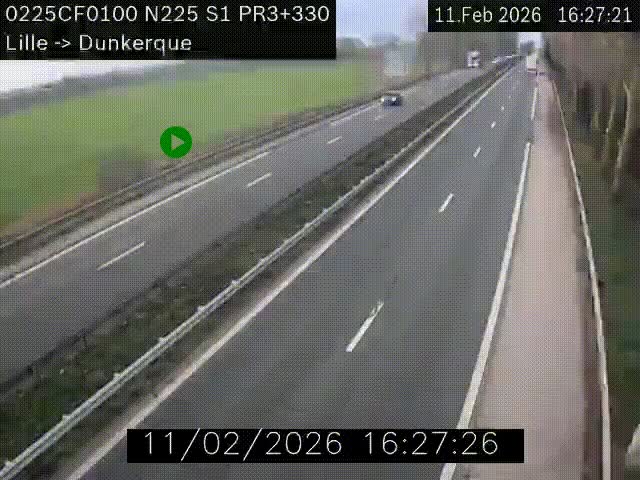 Webcam autoroute A25 (N225) à hauteur de Bergues (Bierne). Vue orientée vers Dunkerque.
