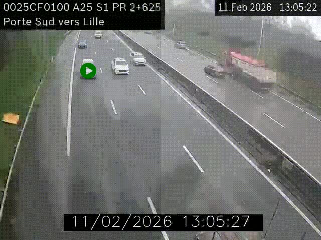 Webcam autoroute A25 sur le périphérique de Lille à hauteur de Lille-Sud et la sortie 3 Faches-Thumesnil. Vue orientée vers Lille-Centre.