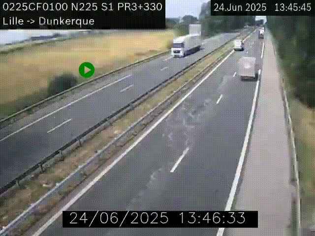 Webcam autoroute A25 (N225) à hauteur de Bergues (Bierne). Vue orientée vers Dunkerque.