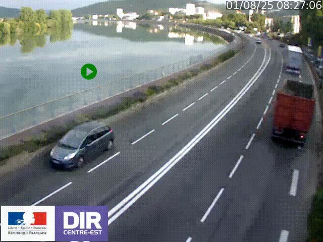 Webcam sur le quai Parjot à Vienne, aux Portes de Lyon, sur la Nationale 7, à la jonction avec le boulevard du Rhône-nord (D1407), caméra orientée vers Lyon