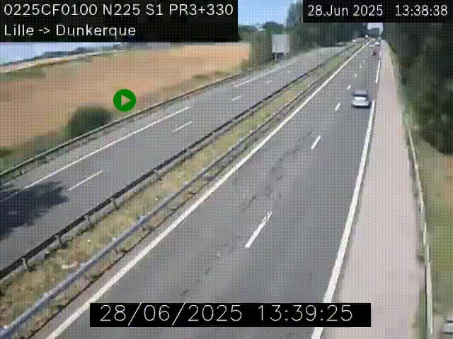 Webcam autoroute A25 (N225) à hauteur de Bergues (Bierne). Vue orientée vers Dunkerque.