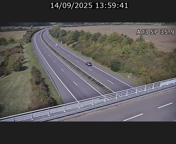 Webcam trafic sur A13 à l'entrée ouest du tunnel Markusbierg à Remerschen. Vue orientée vers Mondorf-les-Bains.