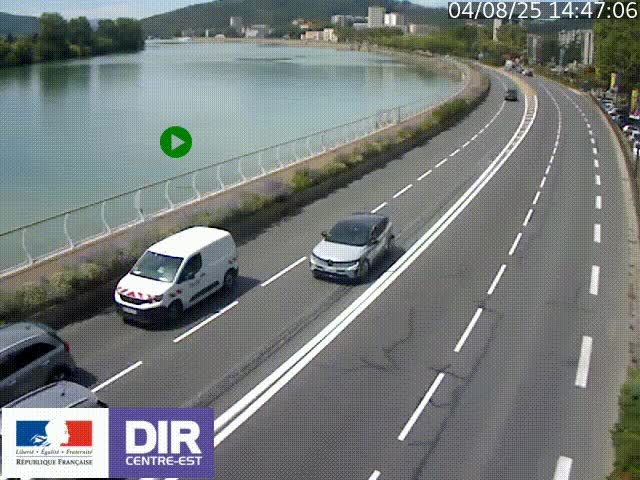 Webcam sur le quai Parjot à Vienne, aux Portes de Lyon, sur la Nationale 7, à la jonction avec le boulevard du Rhône-nord (D1407), caméra orientée vers Lyon