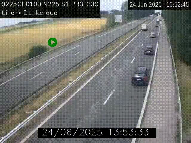 Webcam autoroute A25 (N225) à hauteur de Bergues (Bierne). Vue orientée vers Dunkerque.