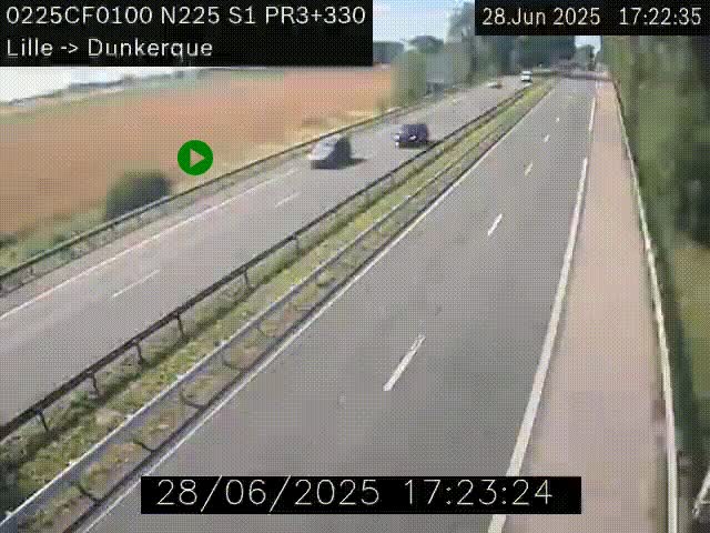 Webcam autoroute A25 (N225) à hauteur de Bergues (Bierne). Vue orientée vers Dunkerque.