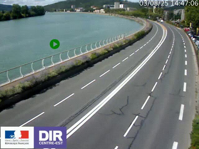 Webcam sur le quai Parjot à Vienne, aux Portes de Lyon, sur la Nationale 7, à la jonction avec le boulevard du Rhône-nord (D1407), caméra orientée vers Lyon
