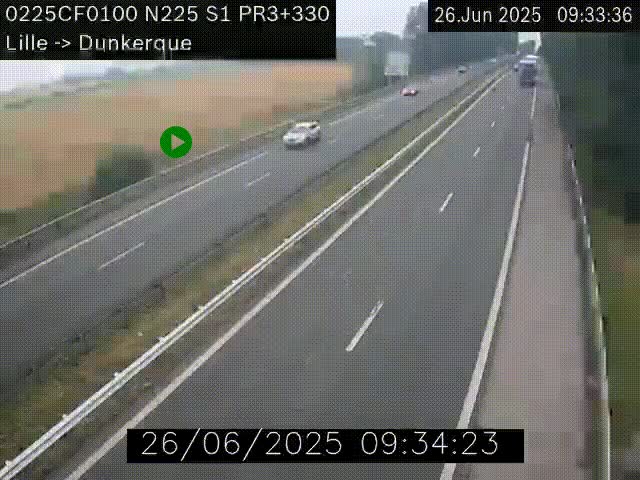 Webcam autoroute A25 (N225) à hauteur de Bergues (Bierne). Vue orientée vers Dunkerque.