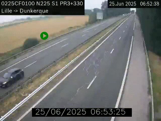 Webcam autoroute A25 (N225) à hauteur de Bergues (Bierne). Vue orientée vers Dunkerque.