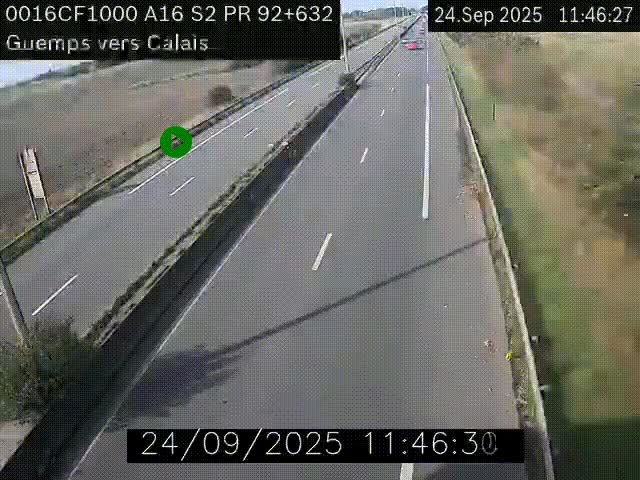 Webcam A16 juste après l'aire de repos d'Offekerque à Guemps. Vue orientée vers Calais