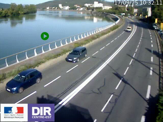 Webcam sur le quai Parjot à Vienne, aux Portes de Lyon, sur la Nationale 7, à la jonction avec le boulevard du Rhône-nord (D1407), caméra orientée vers Lyon