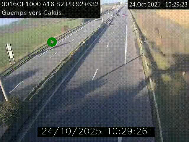 Webcam A16 juste après l'aire de repos d'Offekerque à Guemps. Vue orientée vers Calais