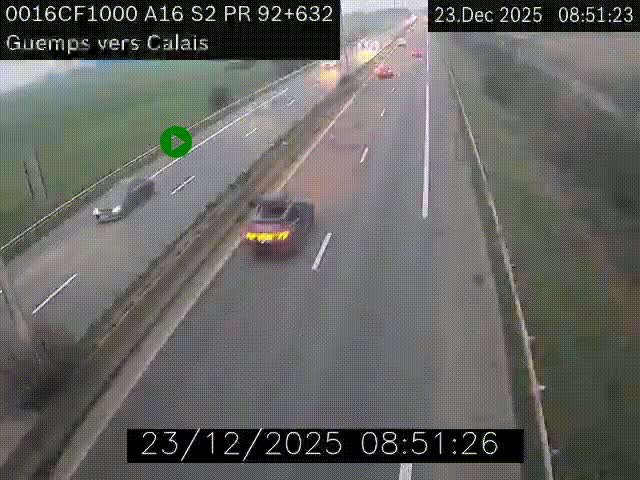 Webcam A16 juste après l'aire de repos d'Offekerque à Guemps. Vue orientée vers Calais