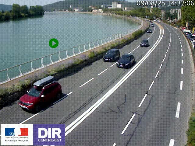 Webcam sur le quai Parjot à Vienne, aux Portes de Lyon, sur la Nationale 7, à la jonction avec le boulevard du Rhône-nord (D1407), caméra orientée vers Lyon