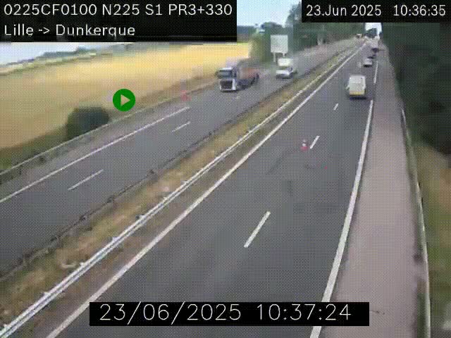 Webcam autoroute A25 (N225) à hauteur de Bergues (Bierne). Vue orientée vers Dunkerque.