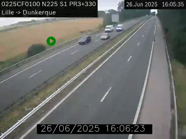 Webcam autoroute A25 (N225) à hauteur de Bergues (Bierne). Vue orientée vers Dunkerque.