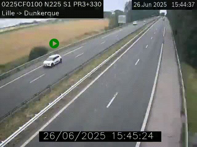 Webcam autoroute A25 (N225) à hauteur de Bergues (Bierne). Vue orientée vers Dunkerque.