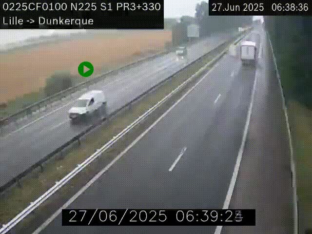 Webcam autoroute A25 (N225) à hauteur de Bergues (Bierne). Vue orientée vers Dunkerque.