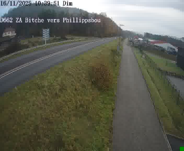 Caméra de trafic sur D662 (France) à Bitche, orientée vers Phillippsbourg, permettant d’évaluer fluidité, incidents et densité automobile.