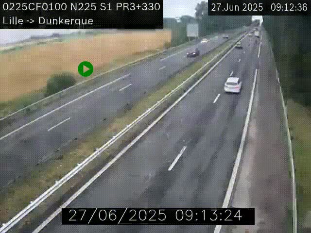 Webcam autoroute A25 (N225) à hauteur de Bergues (Bierne). Vue orientée vers Dunkerque.