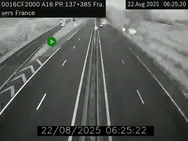 Webcam à la frontière franco-belge au niveau de Bray-Dunes/De-Panne sur l'autoroute A16. Vue orientée vers Calais