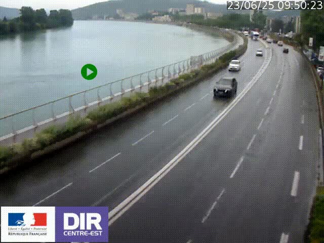 Webcam sur le quai Parjot à Vienne, aux Portes de Lyon, sur la Nationale 7, à la jonction avec le boulevard du Rhône-nord (D1407), caméra orientée vers Lyon
