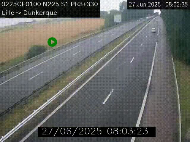 Webcam autoroute A25 (N225) à hauteur de Bergues (Bierne). Vue orientée vers Dunkerque.