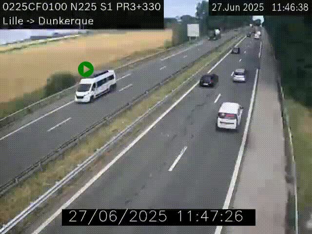 Webcam autoroute A25 (N225) à hauteur de Bergues (Bierne). Vue orientée vers Dunkerque.
