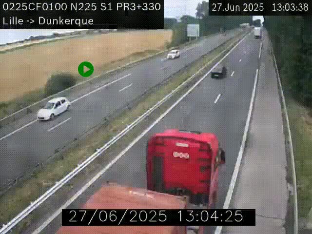 Webcam autoroute A25 (N225) à hauteur de Bergues (Bierne). Vue orientée vers Dunkerque.