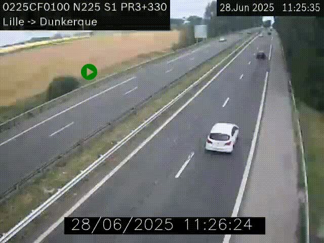 Webcam autoroute A25 (N225) à hauteur de Bergues (Bierne). Vue orientée vers Dunkerque.