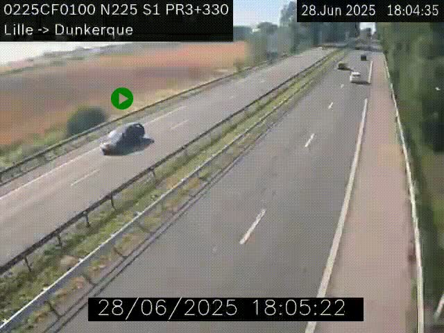 Webcam autoroute A25 (N225) à hauteur de Bergues (Bierne). Vue orientée vers Dunkerque.