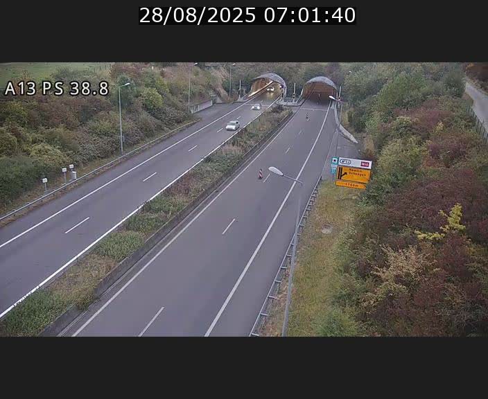 Webcam autoroute A13 à l'entrée ouest du tunnel Markusbierg à Schengen. Vue orientée vers Mondorf-les-Bains