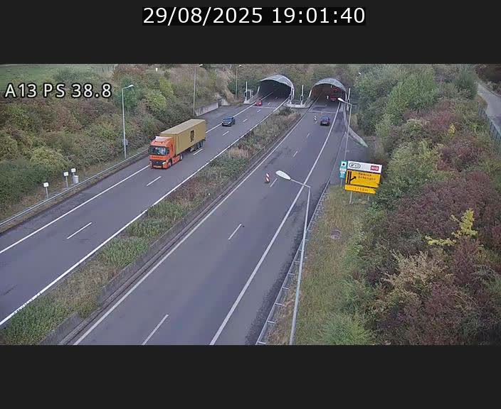 Webcam autoroute A13 à l'entrée ouest du tunnel Markusbierg à Schengen. Vue orientée vers Mondorf-les-Bains