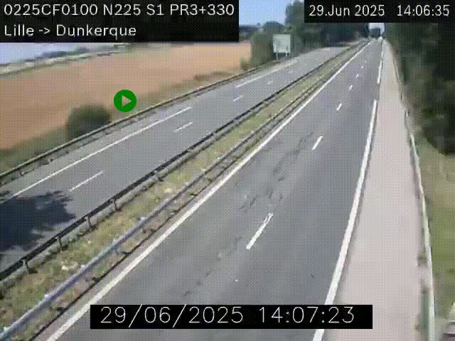 Webcam autoroute A25 (N225) à hauteur de Bergues (Bierne). Vue orientée vers Dunkerque.