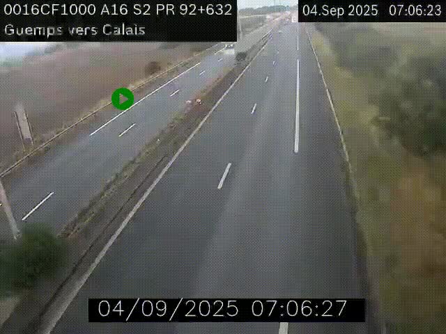 Webcam A16 juste après l'aire de repos d'Offekerque à Guemps. Vue orientée vers Calais