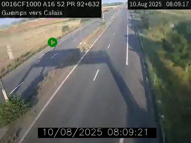 Webcam A16 juste après l'aire de repos d'Offekerque à Guemps. Vue orientée vers Calais