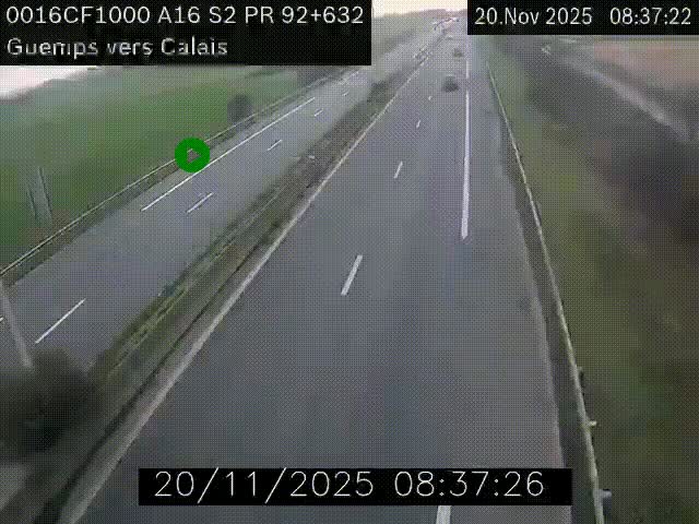 Webcam A16 juste après l'aire de repos d'Offekerque à Guemps. Vue orientée vers Calais