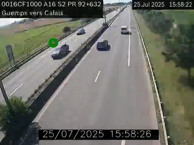 Webcam A16 juste après l'aire de repos d'Offekerque à Guemps. Vue orientée vers Calais
