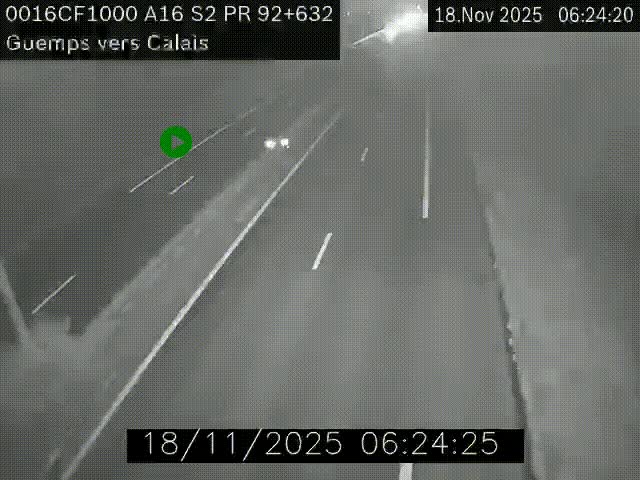 Webcam A16 juste après l'aire de repos d'Offekerque à Guemps. Vue orientée vers Calais