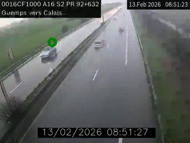 Webcam A16 juste après l'aire de repos d'Offekerque à Guemps. Vue orientée vers Calais