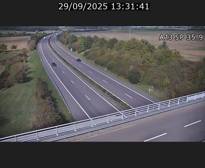 Webcam trafic sur A13 à l'entrée ouest du tunnel Markusbierg à Remerschen. Vue orientée vers Mondorf-les-Bains.