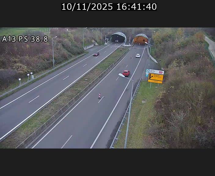 Webcam autoroute A13 à l'entrée ouest du tunnel Markusbierg à Schengen. Vue orientée vers Mondorf-les-Bains