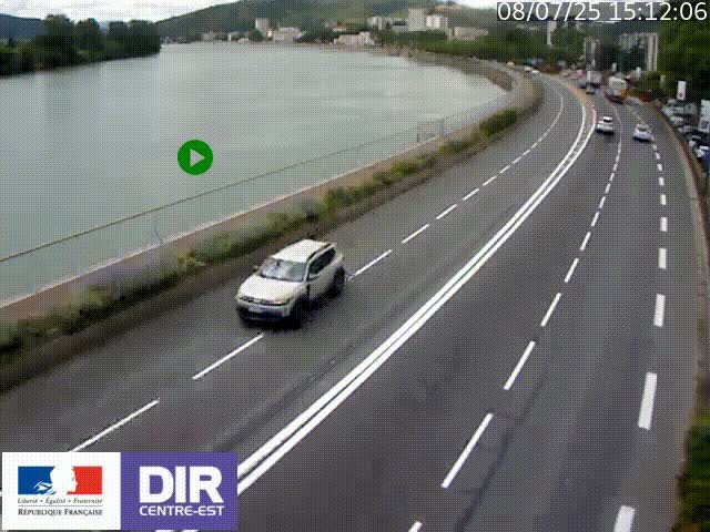 Webcam sur le quai Parjot à Vienne, aux Portes de Lyon, sur la Nationale 7, à la jonction avec le boulevard du Rhône-nord (D1407), caméra orientée vers Lyon