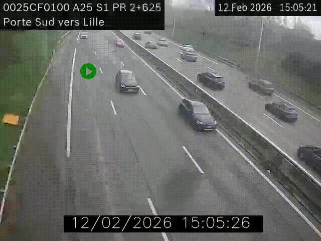Webcam autoroute A25 sur le périphérique de Lille à hauteur de Lille-Sud et la sortie 3 Faches-Thumesnil. Vue orientée vers Lille-Centre.
