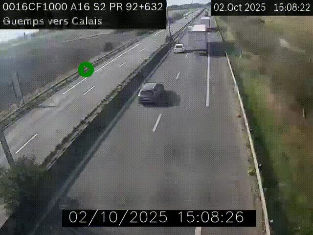 Webcam A16 juste après l'aire de repos d'Offekerque à Guemps. Vue orientée vers Calais